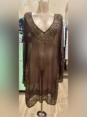 Zingara Gold Embroidered Sheer Kaftan Tunic Beach Swim Cover Up Sz 3